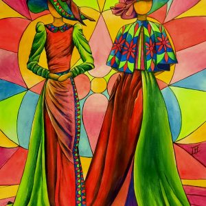 Tableau aquarelle "mannequins en chapeaux rouges et verts"