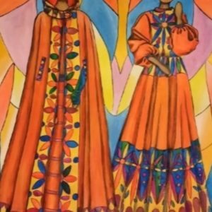 Tableau aquarelle "mannequins en robes oranges"